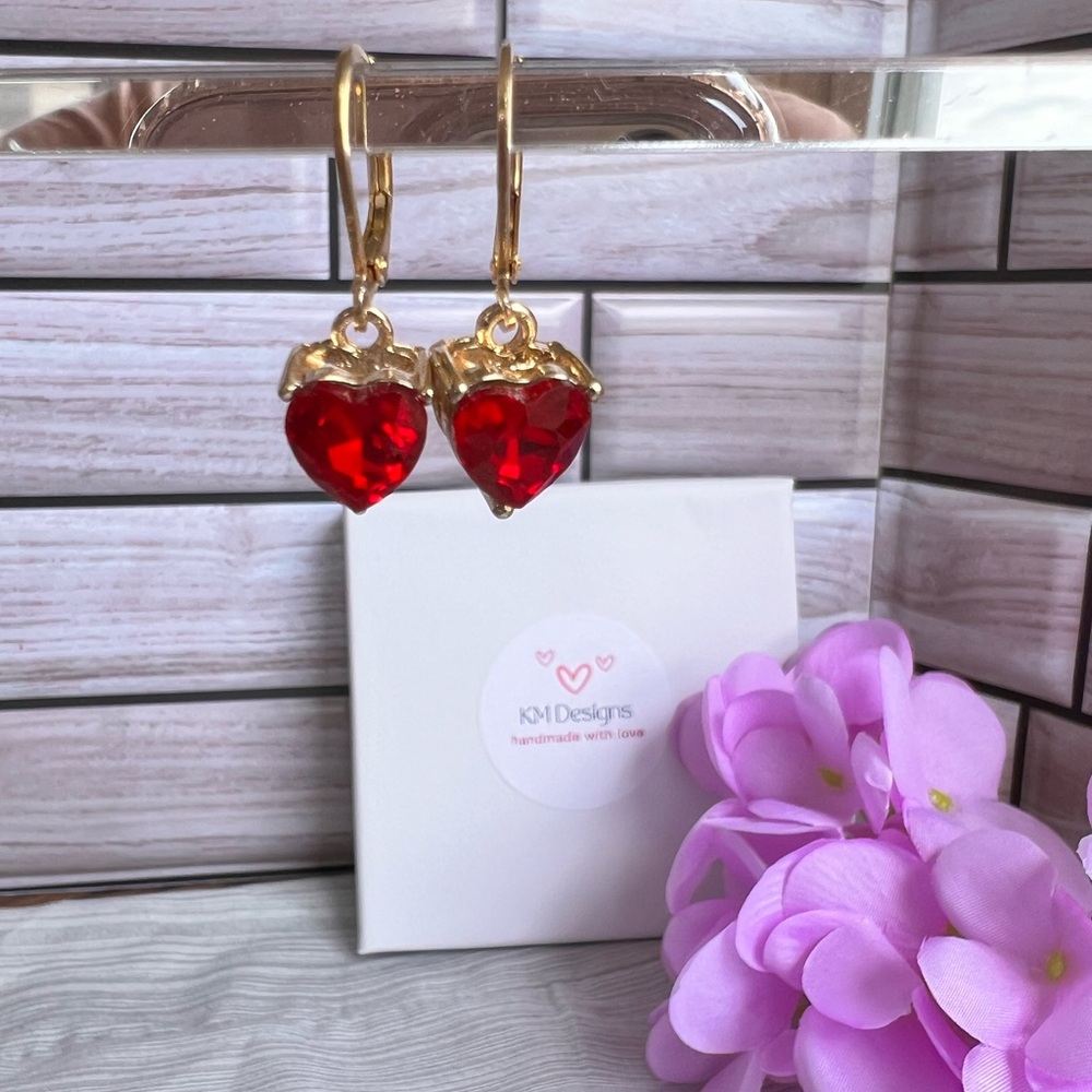 Red Rhinestone Gold Plated Heart Earrings